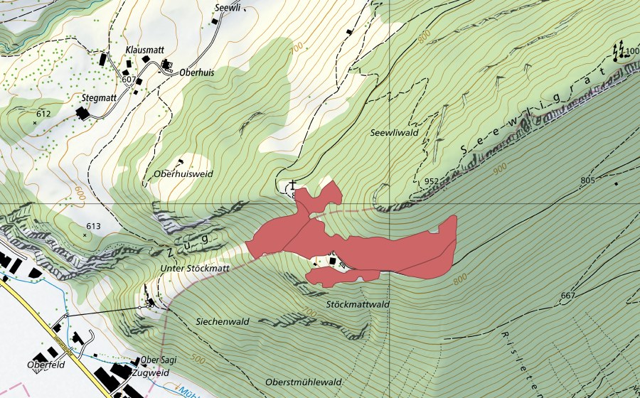 Carte nationale swisstopo avec le périmètre protégé de Stöckmatt (Prairie sèche)