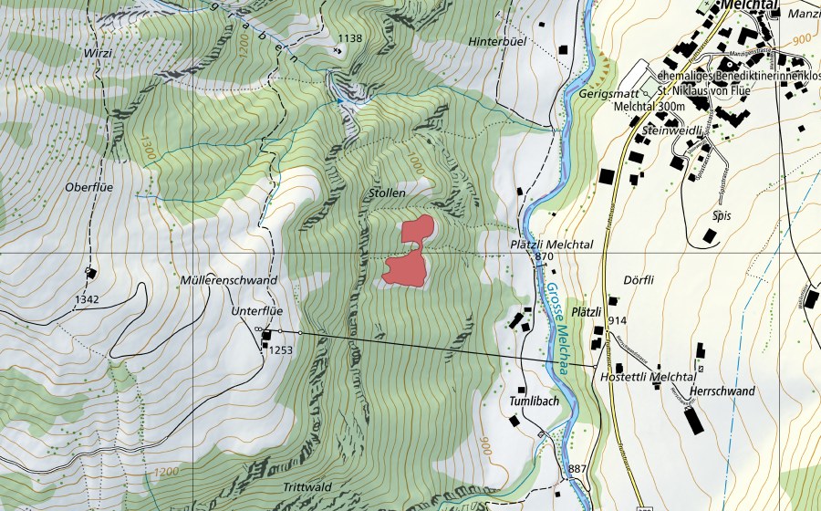 Landeskarte swisstopo mit dem Schutzperimeter von Stollen (Trockenwiese)