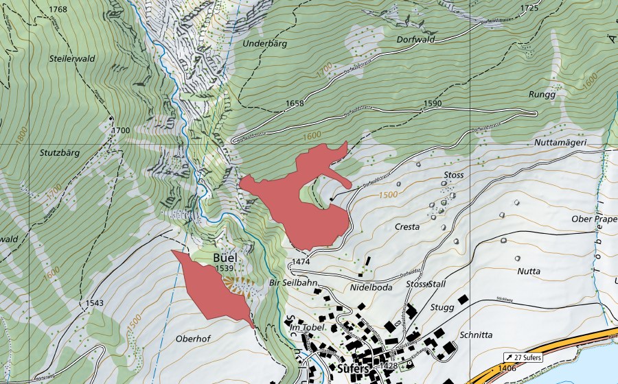 Carte nationale swisstopo avec le périmètre protégé de Stoss (Prairie sèche)