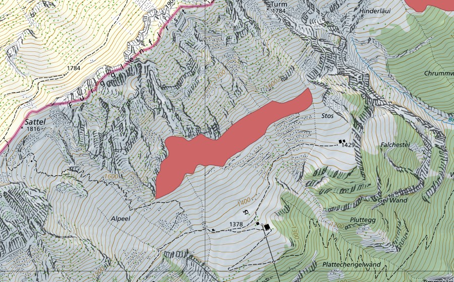 swisstopo national map showing the protected perimeter of Stoss (Dry meadow)