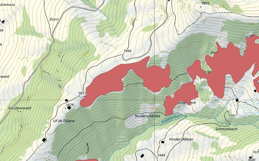 Landeskarte swisstopo mit dem Schutzperimeter von Stotzige Stutz (Trockenwiese)