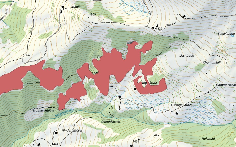 Carte nationale swisstopo avec le périmètre protégé de Stotzige Stutz (Prairie sèche)