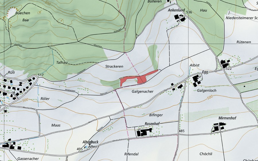 swisstopo national map showing the protected perimeter of Stracheren (Dry meadow)