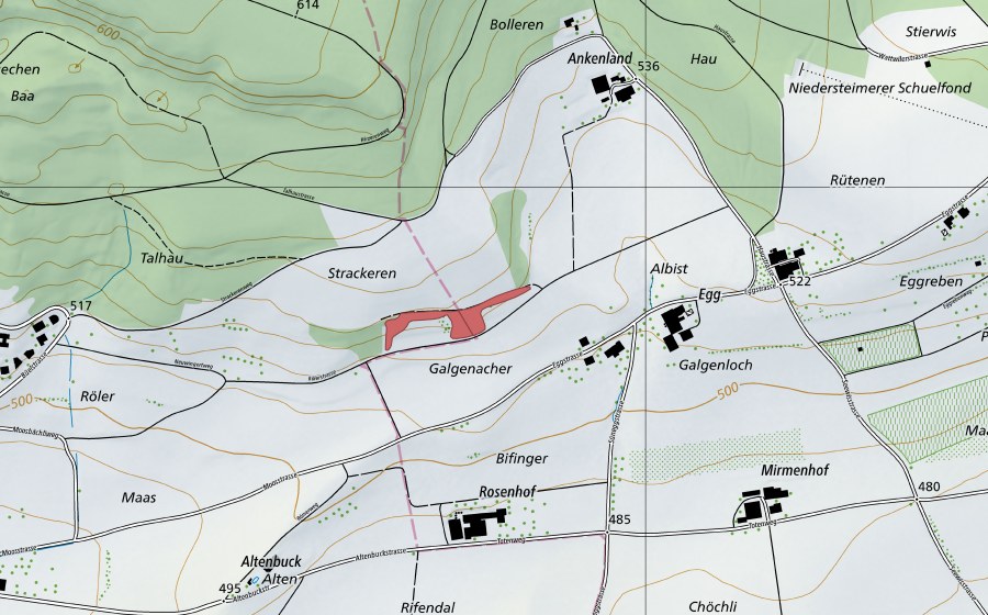 Carte nationale swisstopo avec le périmètre protégé de Stracheren (Prairie sèche)