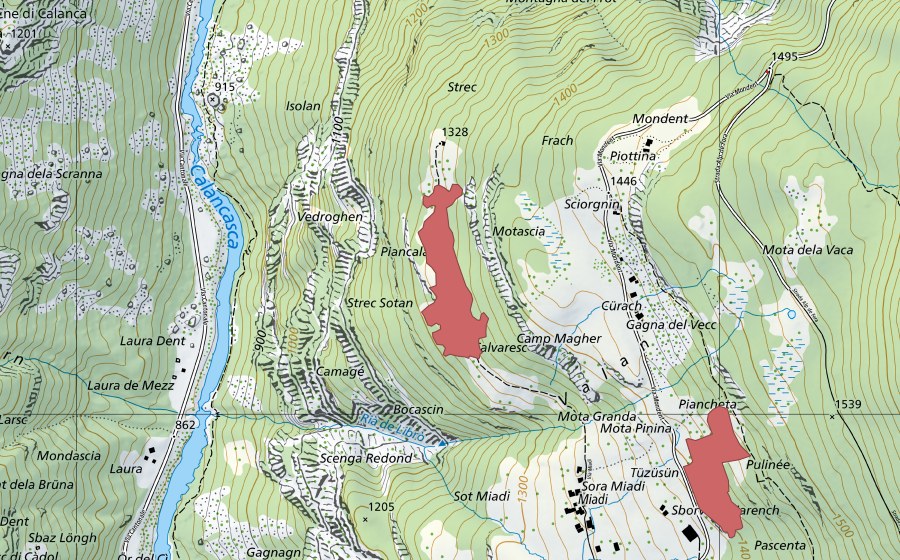 Landeskarte swisstopo mit dem Schutzperimeter von Strec (Trockenwiese)