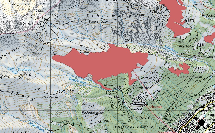 Carte nationale swisstopo avec le périmètre protégé de Strelaberg (Prairie sèche)