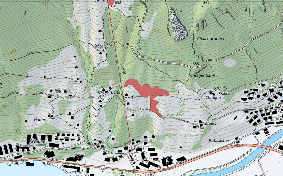 Carte nationale swisstopo avec le périmètre protégé de Struss (Prairie sèche)