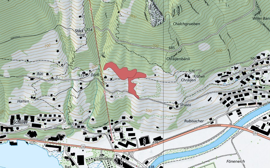 Carte nationale swisstopo avec le périmètre protégé de Struss (Prairie sèche)