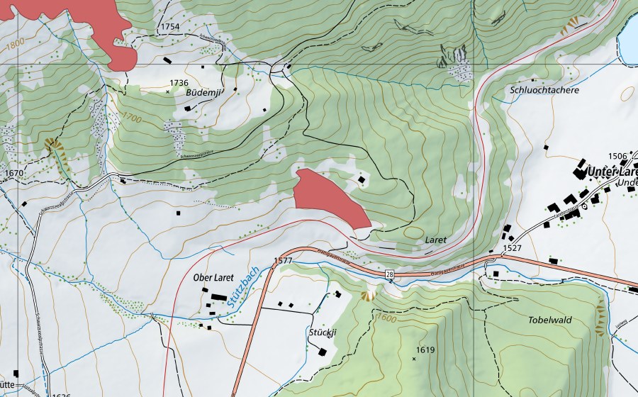 swisstopo national map showing the protected perimeter of Stückji (Dry meadow)