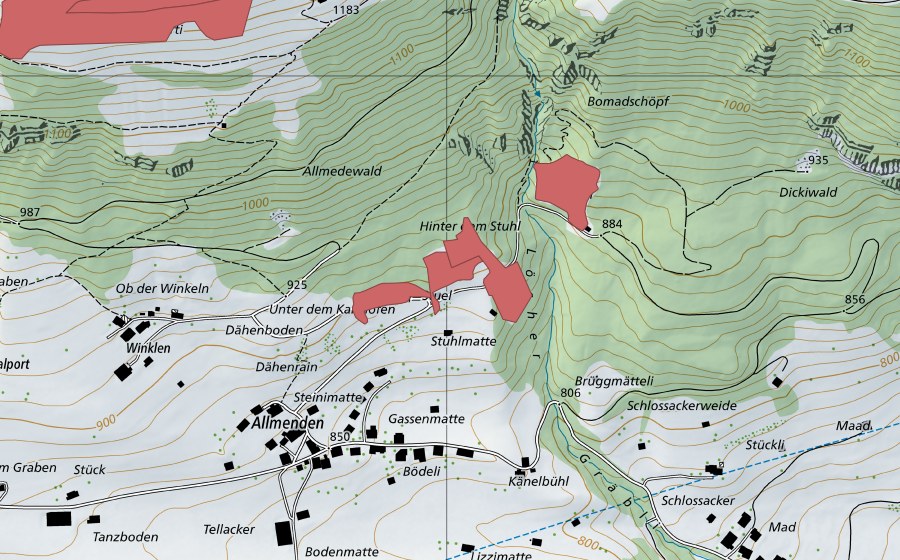 swisstopo national map showing the protected perimeter of Stuel (Dry meadow)