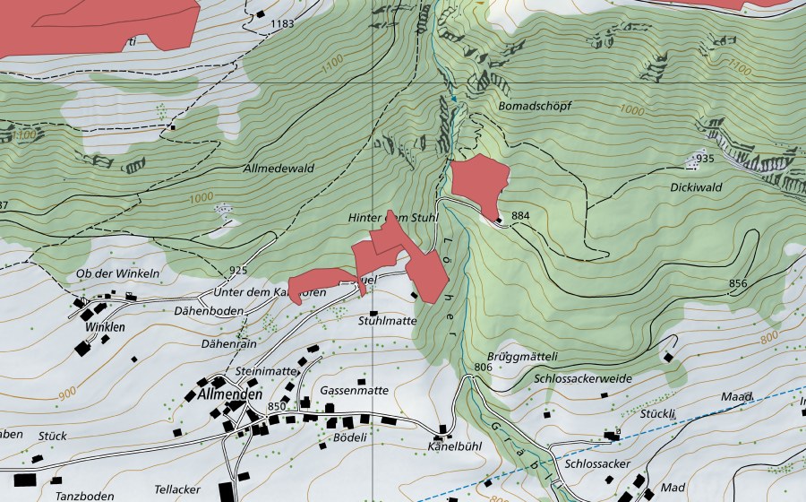 Landeskarte swisstopo mit dem Schutzperimeter von Stuel (Trockenwiese)