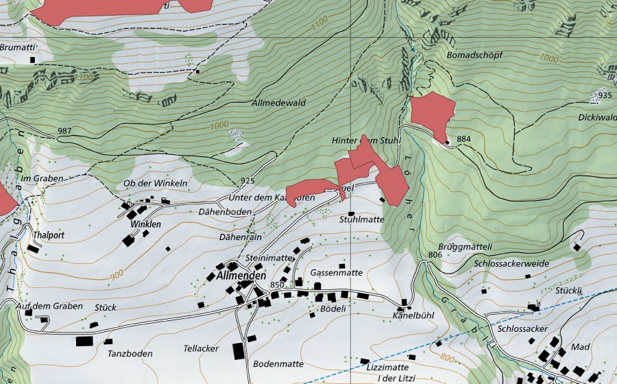 swisstopo national map showing the protected perimeter of Stuel (Dry meadow)