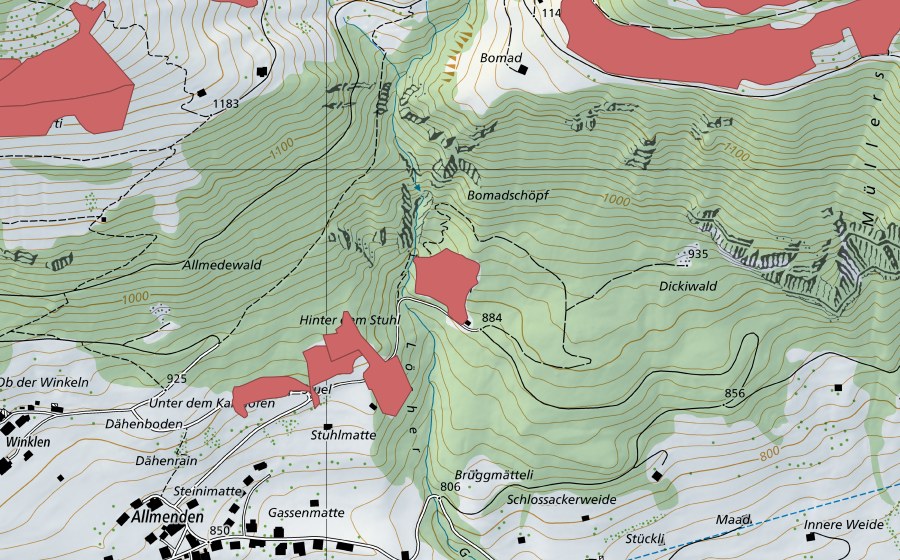 swisstopo national map showing the protected perimeter of Stuel (Dry meadow)