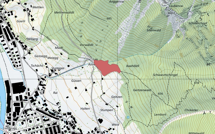 Carte nationale swisstopo avec le périmètre protégé de Sturmigen (Prairie sèche)