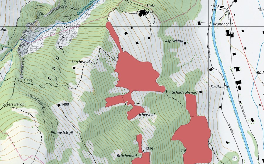 Carte nationale swisstopo avec le périmètre protégé de Stutz (Prairie sèche)