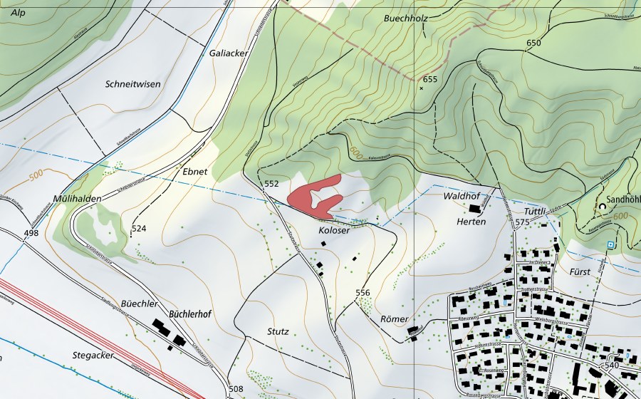 Carte nationale swisstopo avec le périmètre protégé de Stutz (Prairie sèche)