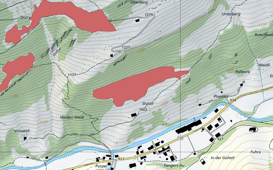 Landeskarte swisstopo mit dem Schutzperimeter von Stützli (Trockenwiese)