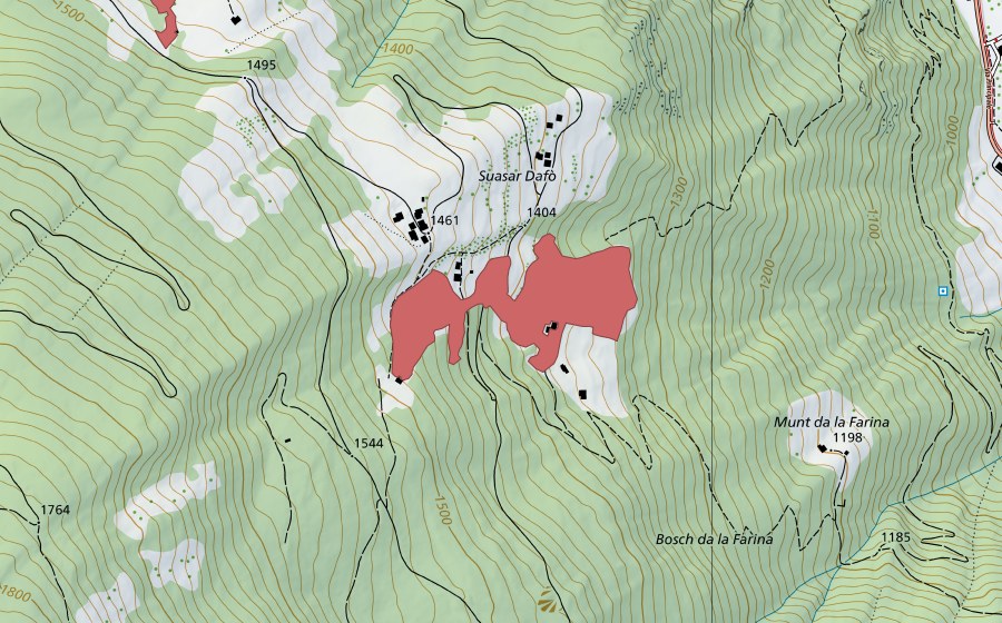 Carte nationale swisstopo avec le périmètre protégé de Suasar Dafö (Prairie sèche)