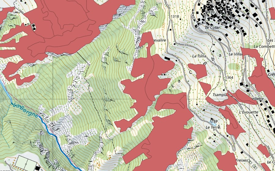 Carte nationale swisstopo avec le périmètre protégé de Suen-Trogne (Prairie sèche)