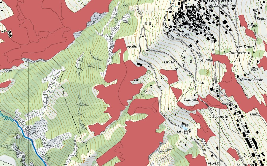 swisstopo national map showing the protected perimeter of Suen-Trogne (Dry meadow)