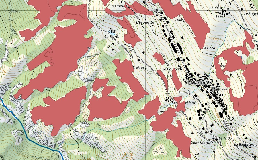 Carte nationale swisstopo avec le périmètre protégé de Suen-Trogne (Prairie sèche)