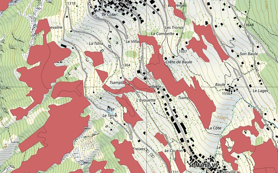 swisstopo national map showing the protected perimeter of Suen-Trogne (Dry meadow)