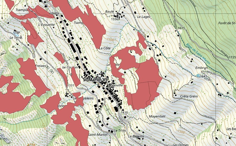 swisstopo national map showing the protected perimeter of Suen-Trogne (Dry meadow)