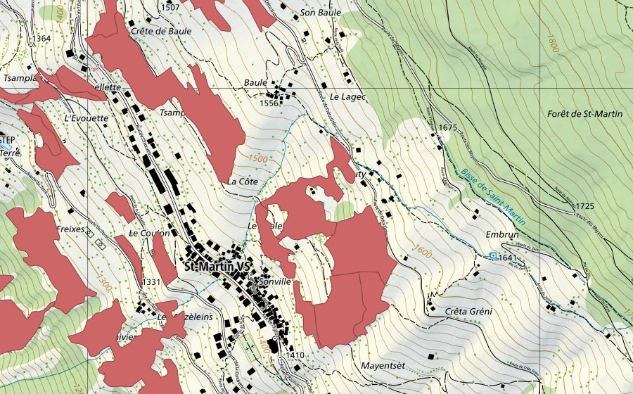 Landeskarte swisstopo mit dem Schutzperimeter von Suen-Trogne (Trockenwiese)