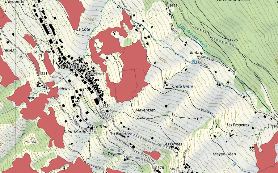 swisstopo national map showing the protected perimeter of Suen-Trogne (Dry meadow)