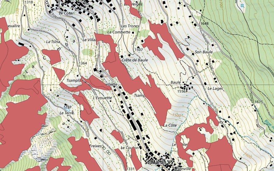 Carte nationale swisstopo avec le périmètre protégé de Suen-Trogne (Prairie sèche)