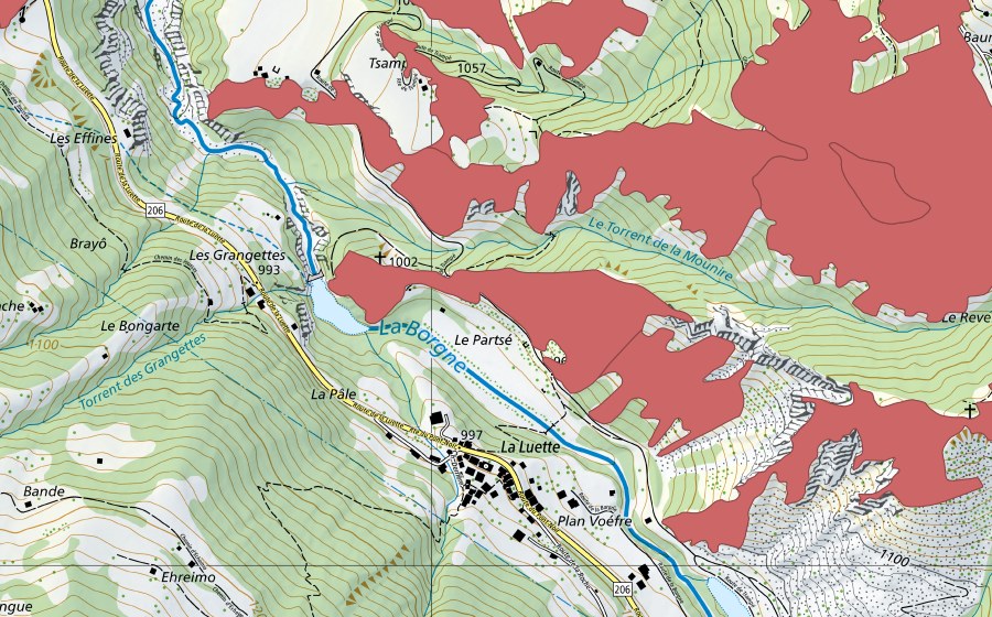 Landeskarte swisstopo mit dem Schutzperimeter von Suen-Trogne (Trockenwiese)