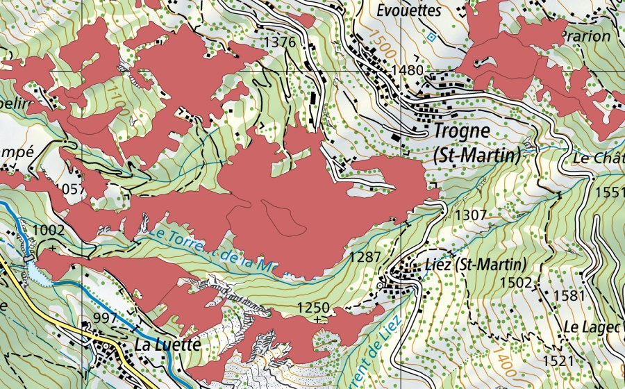 Carte nationale swisstopo avec le périmètre protégé de Suen-Trogne (Prairie sèche)