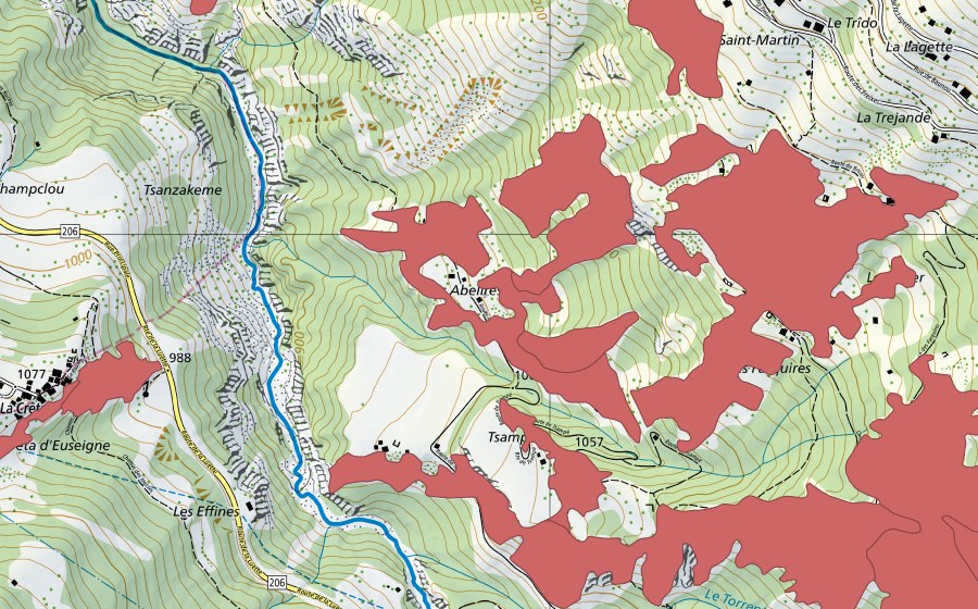 Landeskarte swisstopo mit dem Schutzperimeter von Suen-Trogne (Trockenwiese)