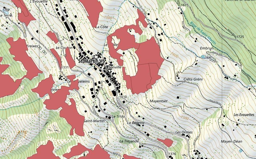 swisstopo national map showing the protected perimeter of Suen-Trogne (Dry meadow)