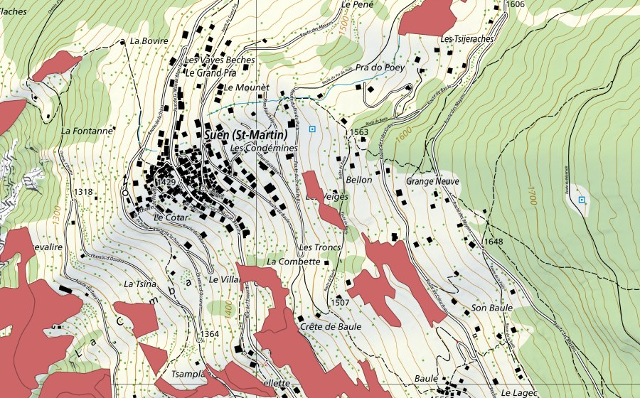Carte nationale swisstopo avec le périmètre protégé de Suen-Trogne (Prairie sèche)