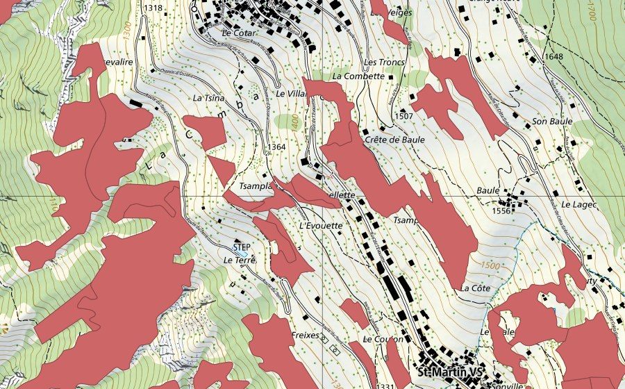 Carte nationale swisstopo avec le périmètre protégé de Suen-Trogne (Prairie sèche)