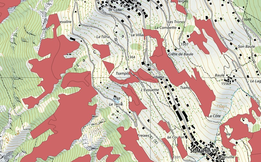 Carte nationale swisstopo avec le périmètre protégé de Suen-Trogne (Prairie sèche)