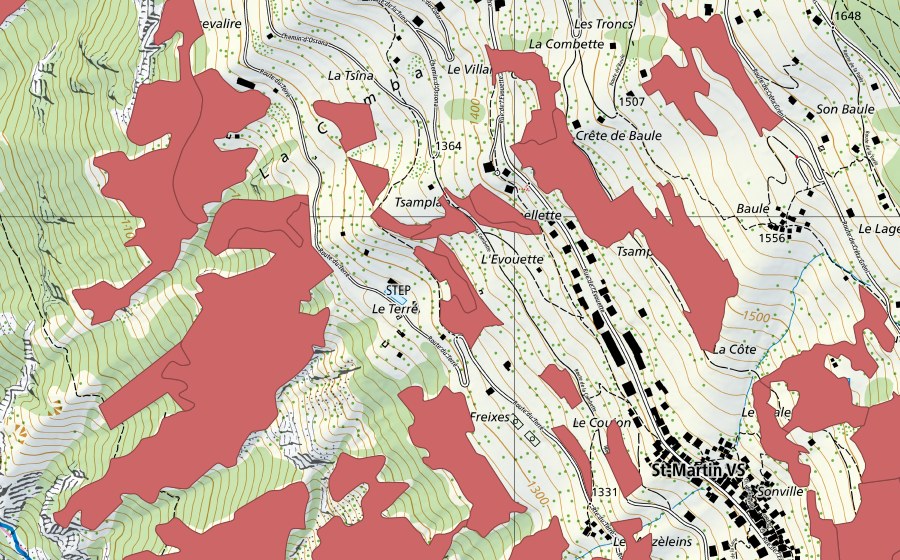 Carte nationale swisstopo avec le périmètre protégé de Suen-Trogne (Prairie sèche)