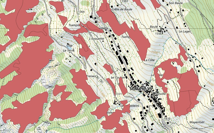 Landeskarte swisstopo mit dem Schutzperimeter von Suen-Trogne (Trockenwiese)