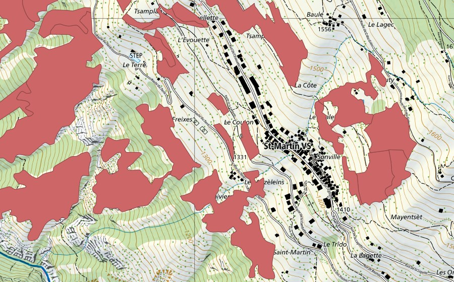Carte nationale swisstopo avec le périmètre protégé de Suen-Trogne (Prairie sèche)