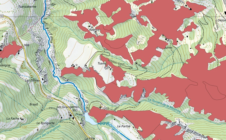 swisstopo national map showing the protected perimeter of Suen-Trogne (Dry meadow)