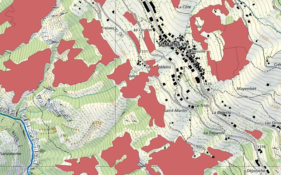 Carte nationale swisstopo avec le périmètre protégé de Suen-Trogne (Prairie sèche)