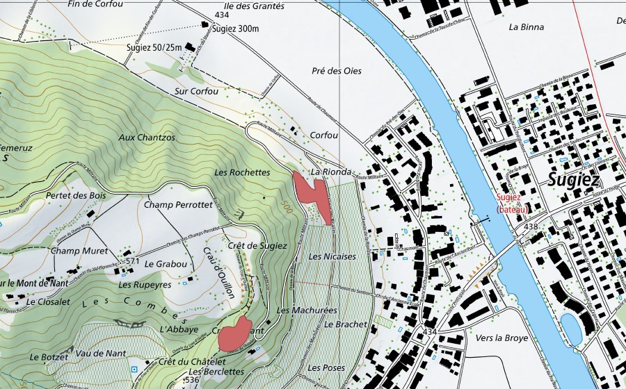 Landeskarte swisstopo mit dem Schutzperimeter von Sugiez (Trockenwiese)