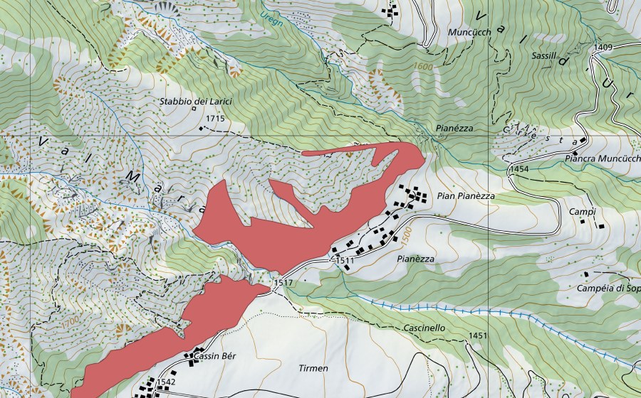 Landeskarte swisstopo mit dem Schutzperimeter von Sul Sasso (Trockenwiese)