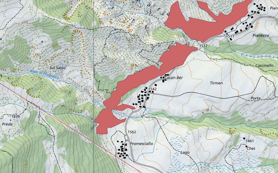 Landeskarte swisstopo mit dem Schutzperimeter von Sul Sasso (Trockenwiese)