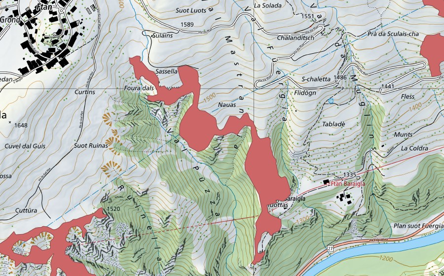Carte nationale swisstopo avec le périmètre protégé de Sulains (Prairie sèche)