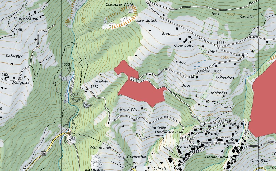 swisstopo national map showing the protected perimeter of Sulsch (Dry meadow)