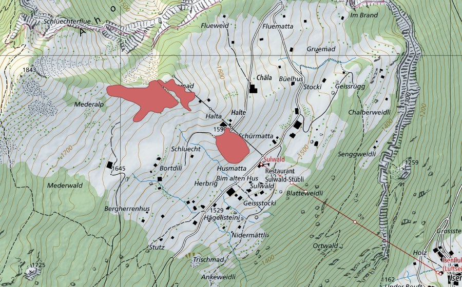 Landeskarte swisstopo mit dem Schutzperimeter von Sulwald (Trockenwiese)