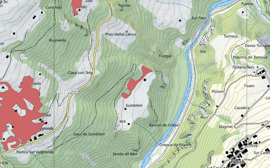 Carte nationale swisstopo avec le périmètre protégé de Sumblein (Prairie sèche)