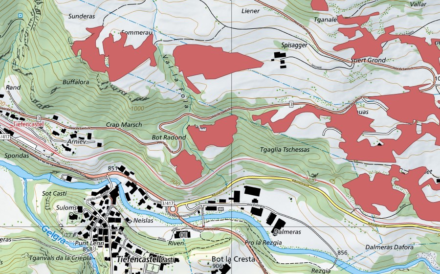 Carte nationale swisstopo avec le périmètre protégé de Sunderas (Prairie sèche)